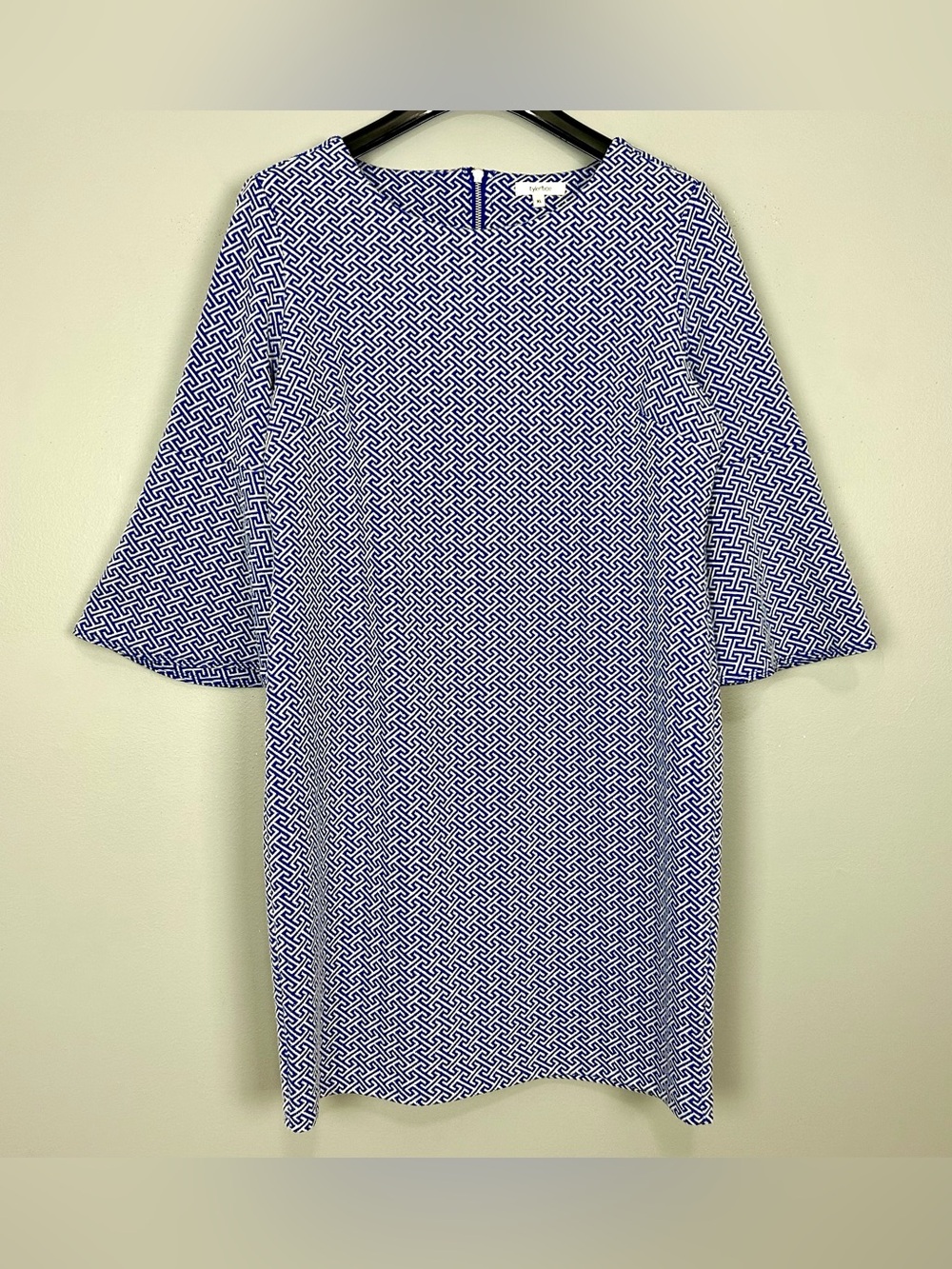 Tyler Boe Jacquard Bell Sleeve Dress Women’s Size XL Shift Preppy Greek Key